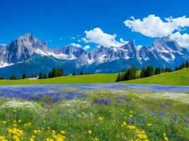 el prado de flores y montañas ai generado foto