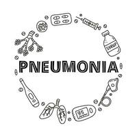 Doodle outline pneumonia icons in circle. vector