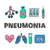 Poster with lettering and doodle colored pneumonia icons. vector