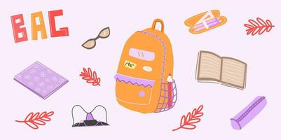 Set of study school supplies. Children's stationery subjects vector illustration