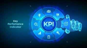 KPI. Key performance indicator business and industrial analysis technology concept on virtual screen. Wireframe hand places an element into a composition visualizing KPI. Vector illustration.