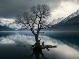 un solitario árbol soportes en el apuntalar de un lago con montañas en el antecedentes ai generado foto