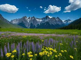 flores silvestres en un prado con montañas en el antecedentes ai generado foto