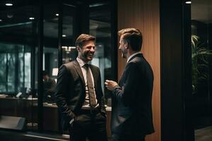 foto dos empresario en un traje es hablando y sonriente en el oficina habitación. generativo ai