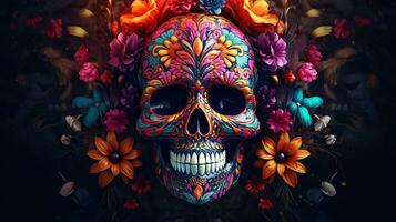photo a colorful skull with a flower pattern on it. Generative AI