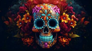 photo a colorful skull with a flower pattern on it. Generative AI