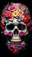 photo a colorful skull with a flower pattern on it. Generative AI