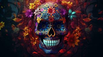 photo a colorful skull with a flower pattern on it. Generative AI