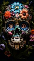 photo a colorful skull with a flower pattern on it. Generative AI