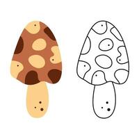 A small set with an abstract morel mushroom. Black and white and color clipart vector illustration.