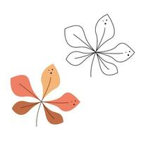 Small set with abstract autumn chestnut leaf. Black and white and color clipart vector illustration.