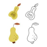 A small set with a pear and a half of pear. Black and white and color clipart vector illustration.