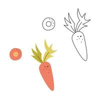 A small set with a carrot and a piece of carrot. Black and white and color clipart vector illustration.
