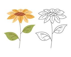 A small set with a sunflower. Black and white and color clipart vector illustration.