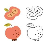 A small set with an apple and a half of apple. Black and white and color clipart vector illustration.