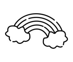 Rainbow and two clouds, vector black line icon