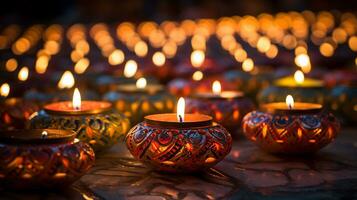 Happy Dawali concept, photo of many illuminated diya or clay oil lamp