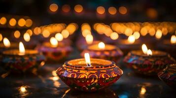 Happy Dawali concept, photo of many illuminated diya or clay oil lamp