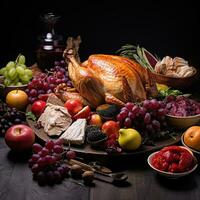 foto de varios frutas, verdura, pollo carne en el mesa para dieta menú