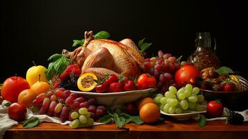 foto de varios frutas, verdura, pollo carne en el mesa para dieta menú