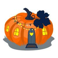 Pumpkin house with windows and a door. Illustrated vector clipart.