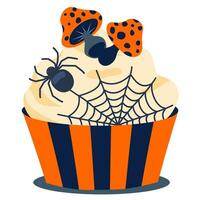 Halloween creepy cupcake with cobwebs, spiders, poisonous fly agarics. Vector illustrated element.