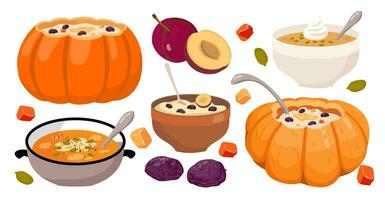 Pumpkin porridge and soup set. Pumpkin porridge pot. Pumpkin cream soup with seeds. Illustrated vector element.