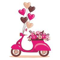 Pink scooter with an armful of flowers and balloons. Vector. Illustrated clipart. vector