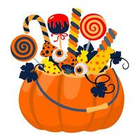 Halloween pumpkin with candy. Illustrated vector element.