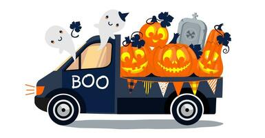 A Halloween truck is carrying pumpkin lanterns with smiles in the trunk. Vector illustrated element.