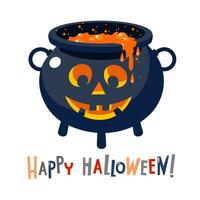 A laughing, sinister cauldron of witchcraft potion. Happy Halloween inscription. vector