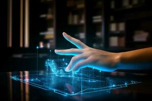 Photo close up a hand touching hologram screen in front of a desk with a graph on it. Generative AI