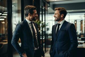 foto dos empresario en un traje es hablando y sonriente en el oficina habitación. generativo ai