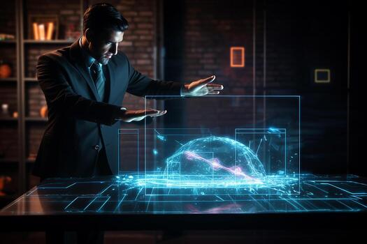 Photo a man in a suit is touching hologram screen in front of a desk with a graph on it. Generative AI