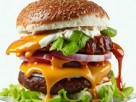 un hamburguesa con un lote de salsa de tomate y queso ai generado foto