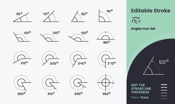 Angles Icon collection containing 16 editable stroke icons. Perfect for logos, stats and infographics. Edit the thickness of the line in any vector capable app.