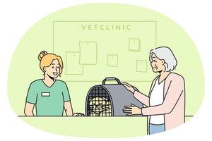 Old woman bring pet to vet clinic. Mature female take cat in cage to veterinary hospital. Domestic animals care. Vector illustration.