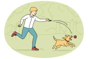 Happy boy playing with pet in park. Smiling kid have fun with ball and pet outdoors. Domestic animals concept. Vector illustration.