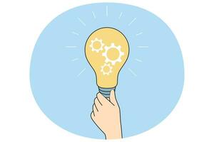 Person holding lightbulb generate creative business idea. Businessperson with light bulb brainstorm solve problem. Solution and innovation. Vector illustration.