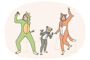 People in kigurumi pajamas have fun dancing indoors. Smiling adults and kid enjoying pyjama home party together. Leisure weekend. Vector illustration.