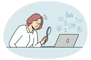 Woman looking at laptop screen with magnifying glass exploring online perspectives and opportunities. Female use magnifier discover options on internet on computer. vector