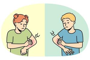 Small kids scratch arms suffer from seasonal allergy outdoors. Children feel itchy struggle with dermatitis or insect bite. Healthcare. Vector illustration.