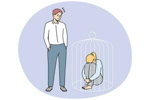 Authoritarian man lock woman in cage. Wife suffer from domestic violence and no rights. Toxic relationships concept. Vector illustration.