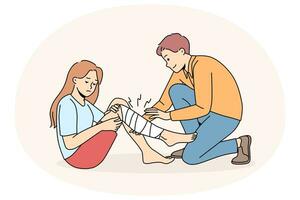 Man give first aid to hurt girl with leg injury. Male volunteer help little child broke leg outdoors, put bandage. Vector illustration.