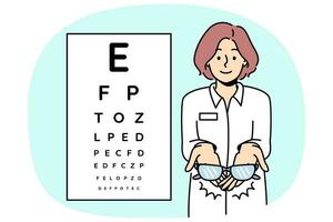 Female ophthalmologist holding glasses on background eye check chart. Eyesight checkup in ophthalmology clinic. Spectacles prescription. Vector illustration.