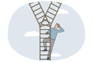 Businessman on ladder make decision or choice. Man decide which path to take. Dilemma and choosing option. Vector illustration.