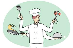 Smiling male chef in uniform with kitchen utensils multitasking at work. Happy confident man cooking with kitchenware. Vector illustration.