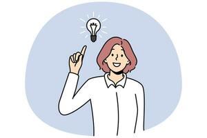 Smiling woman with lightbulb get innovative business idea. Happy businesswoman generate thoughts solve problem. Solution and innovation. Vector illustration.