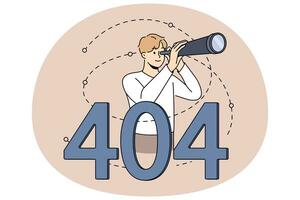 Man with binocular tube on Page Not Found Background. Male looking for information on internet see error page. Vector illustration.