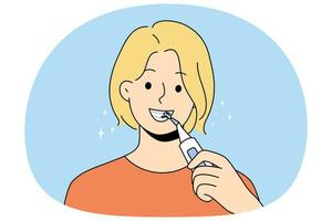 Smiling woman with braces clean teeth with dental irrigator. Happy female use brush take acre of oral hygiene. Dentistry and healthcare. Vector illustration.